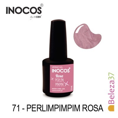 Frasco de verniz gel INOCOS rosa Perlimpimpim com amostra da cor
