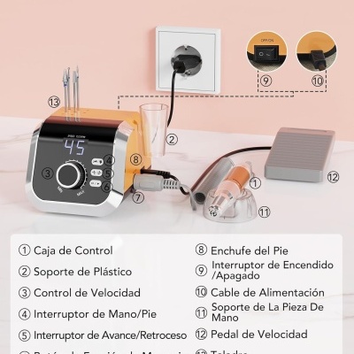 Conjunto profissional de manicura elétrica com caixa de controle, pedal, furadeira e suportes.