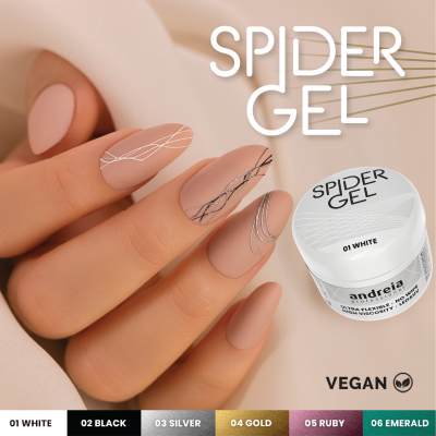 Mãos com unhas decoradas em nude fosco com linhas finas, pote de gel branco com rótulo Spider Gel