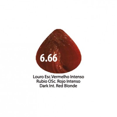 Amostra de tinta de cabelo vermelho intenso 6.66 com descrições multilíngues