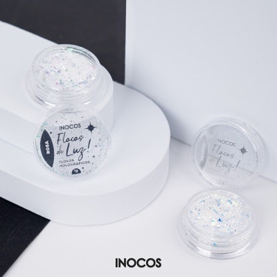 Frascos pequenos transparentes com Flocos de Luz holográficos da INOCOS