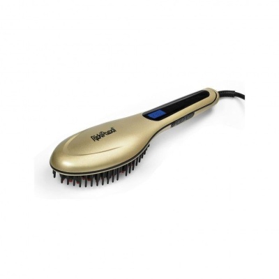 Escova alisadora elétrica dourada e preta com visor digital.