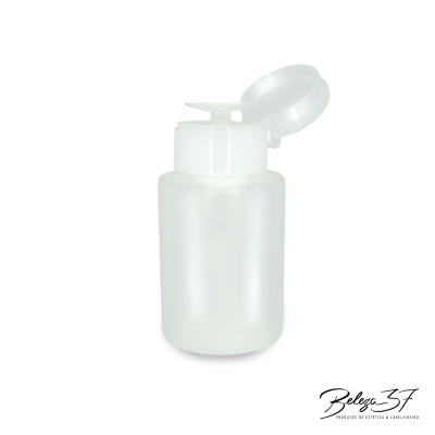 Frasco branco translúcido de plástico com tampa de pressão aberta