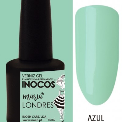 Frasco de verniz gel Inocos Maria Londres Azul Menta com amostra da cor