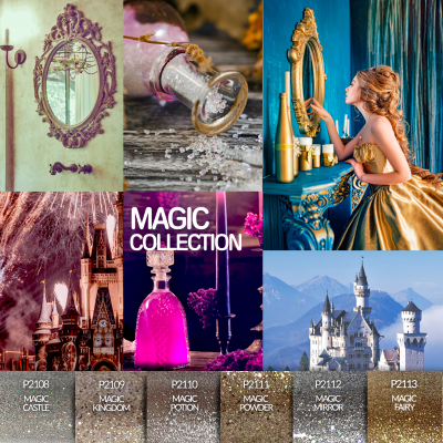 Colagem de imagens com tema mágico e etiquetas de glitter com códigos e nomes