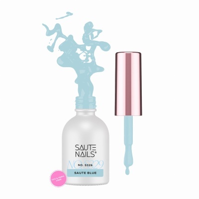 Verniz de unhas azul Saute Nails com frasco branco fosco e tampa rose gold