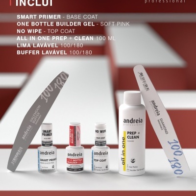 Kit de produtos Andreia para unhas com frascos de gel polish, garrafa de prep clean e limas laváveis sobre fundo branco e vermelho.