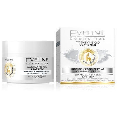 Creme nutritivo regenerador Eveline Cosmetics Coenzyme Q10 Goat's Milk com embalagem branca e símbolos dourados