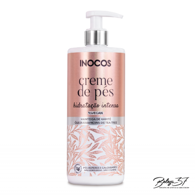 Frasco dispensador de creme de pés INOCOS rosa metálico com texto e padrão floral branco e prateado