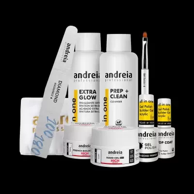 Conjunto de produtos para unhas da andreia professional sobre fundo preto