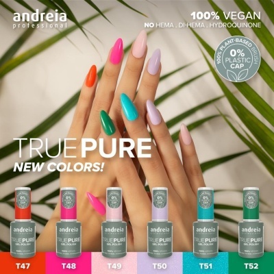 Vernizes de unhas Andreia TRUE PURE em várias cores com mãos pintadas e folhas verdes ao fundo