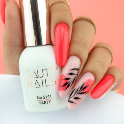 Frasco branco de esmalte Saut Nails No S141 PARTY com unhas decoradas em rosa e preto