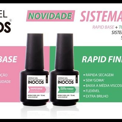 Publicitário de verniz gel INOCOS Rapid Base e Rapid Finish em fundo branco