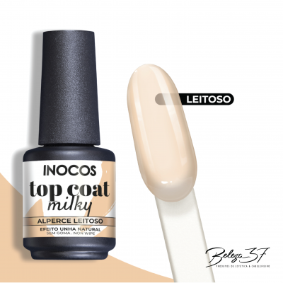 Verniz top coat leite da INOCOS em frasco preto com amostra da cor