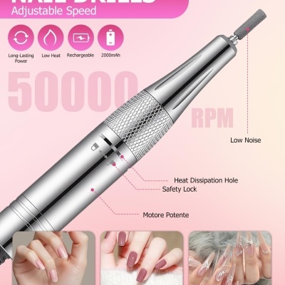 Broca elétrica para unhas prateada com texto e imagens das unhas com diferentes velocidades