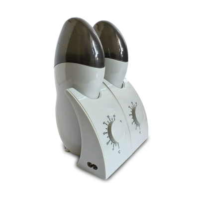 Dois termostatos brancos com botões de ajuste e escala de temperatura