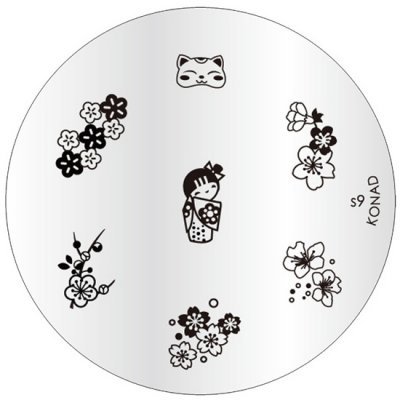 Placa metálica redonda para carimbos de unhas com desenhos de flores, gato e boneca japonesa