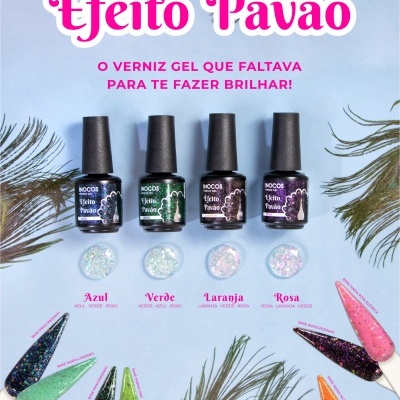 Verniz gel INOCOS efeito pavão com quatro cores e decoração de penas de pavão