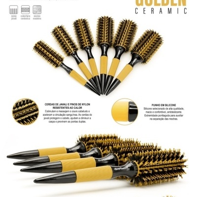 Escovas térmicas profissionais RickiParodi Golden Ceramic com punho amarelo e preto e cerdas douradas