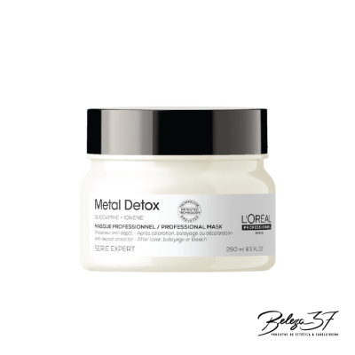 Frasco de máscara capilar Metal Detox da L'Oréal Professionnel com embalagem branca e tampa preta