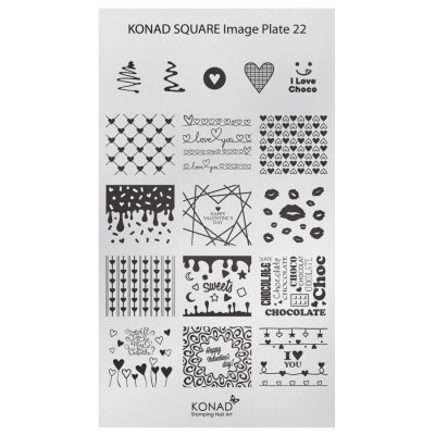 Chapa de estampagem para unhas KONAD com vários desenhos pequenos em metal prateado.