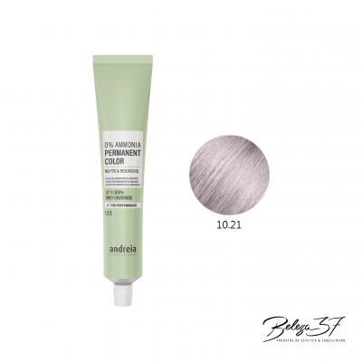 Tubo verde claro tinta capilar Andreia com amostra de cor 10.21