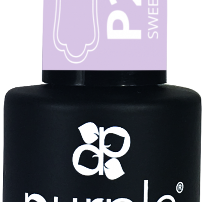 Frasco de verniz gel para unhas preto com tampa lilás e texto branco