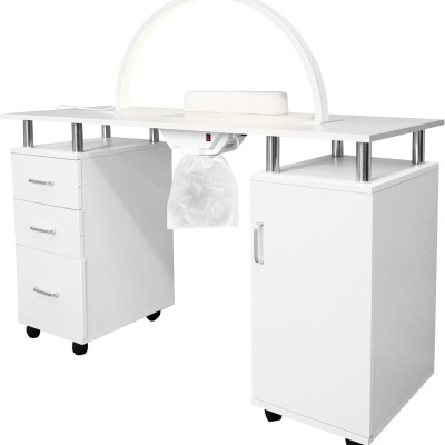 Mesa para manicure branca com dois gabinetes e lâmpada fixa