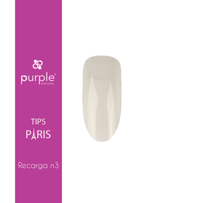 Unha artificial bege claro com texto promocional em faixa roxa ao lado