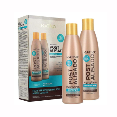Conjunto Kativa Post Alisado shampoo e condicionador em frascos rosa e dourado com caixa