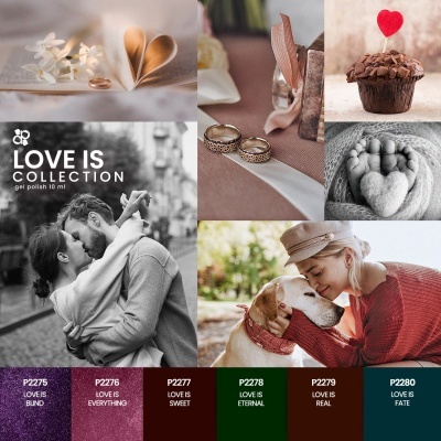 Montagem de fotos com temática de amor e colecção de vernizes em gel Love Is