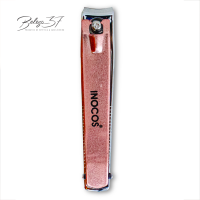 Corta-unhas rosa metálico com a marca INOCOS