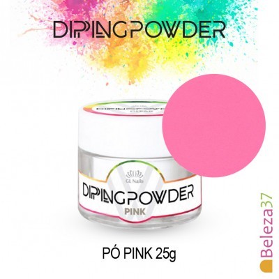 Frasco de pó para unhas rosa da GL Nails com fundo branco e manchas coloridas