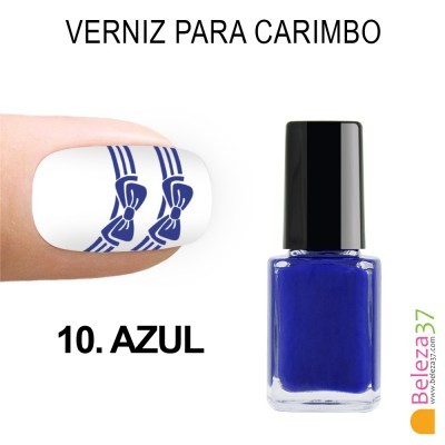 Frasco de verniz azul para carimbo e unha decorada com carimbo azul