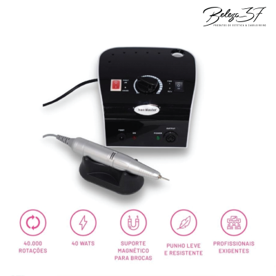 Aparelho Heat Master para manicure com unidade preta e punho metálico prateado, suporte magnético e ícones descritivos.