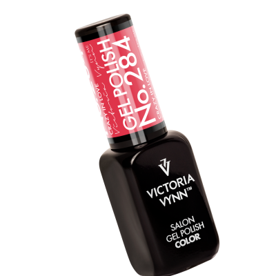 Frasco preto de verniz gel para unhas Victoria Vynn com rótulo cor-de-rosa.