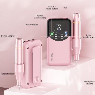 Dispositivo de manicure rosa com unidade central digital e duas peças de mão