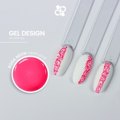 Amostras de gel para unhas rosa néon com estampas vermelhas e texto GEL DESIGN