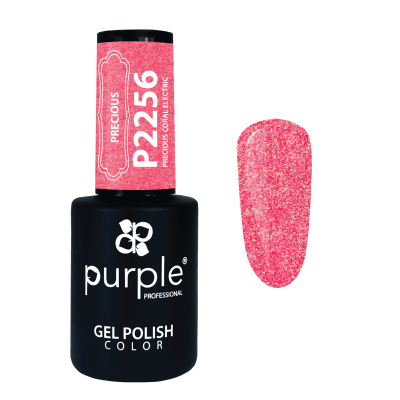 Verniz gel para unhas cor coral, frasco preto com tampa rosa e texto branco