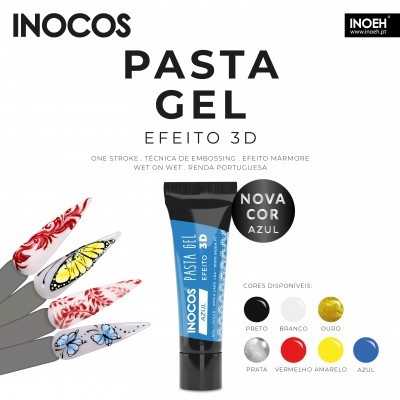 Tubo de pasta gel azul para unhas INOCOS e unhas decoradas com padrões em vermelho, amarelo e azul