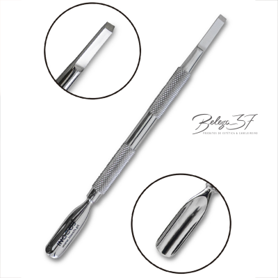 Espátula e empurrador de cutículas em aço inoxidável com acabamento prateado