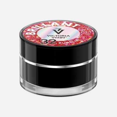 Frasco preto com tampa colorida e texto 'BRILLIANT Victoria Lynn 32'