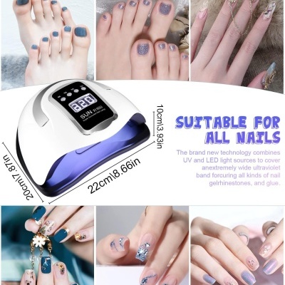 Aparelho de luz UV/LED branco para unhas com visor digital e várias fotos de unhas decoradas