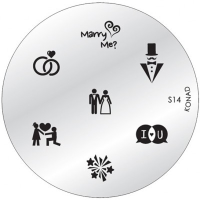 Disco metálico prata para carimbos de unhas com símbolos de casamento e texto.