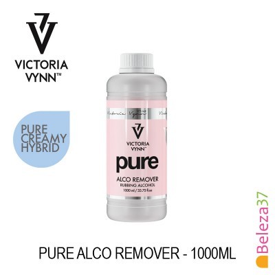 Frasco de plástico com rótulo rosa e branco do produto PURE ALCO REMOVER da Victoria Vynn, 1000 ml