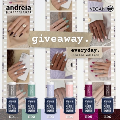 Várias mãos femininas com unhas pintadas em cores diferentes, produto com texto giveaway e edição limitada