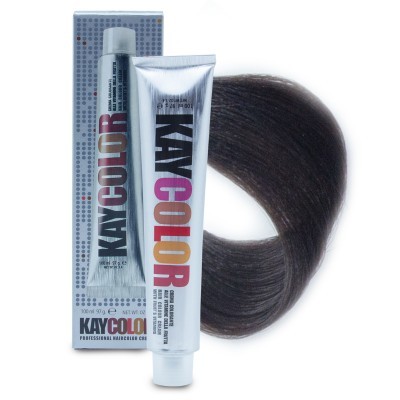 Tubo e caixa de tinta para cabelo KAYCOLOR com amostra de cabelo castanho escuro