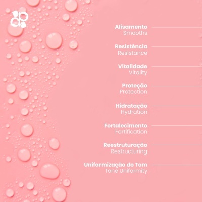 Fundo rosa com gotas de água e texto sobre características do produto.