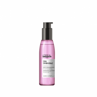 Frasco rosa plástico de produto L'Oréal Professionnel Liss Unlimited com tampa preta