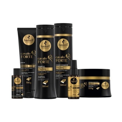 Conjunto de produtos para cabelo Haskell Cavalo Forte em embalagens pretas e douradas